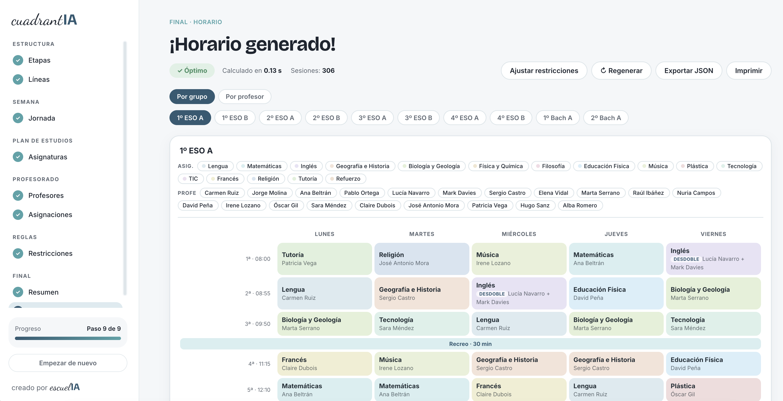 Interfaz de Cuadrantia mostrando un horario escolar generado